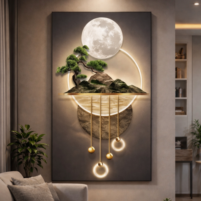 Quadro Decorativo Montanhas e Bonsai – 1 Peça – Arte Moderna e Sofisticada (sem led) NÃO É LUMINÁRIA