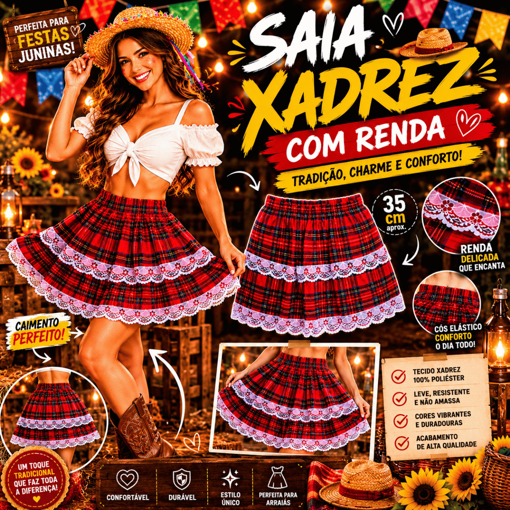 Saia Caipira Feminina Xadrez Estilo Country Roupa de São João