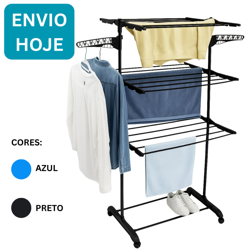 Varal De Chão 3 Andares Roupa Calcinha Grade Dobrável Portátil e Com Rodinhas